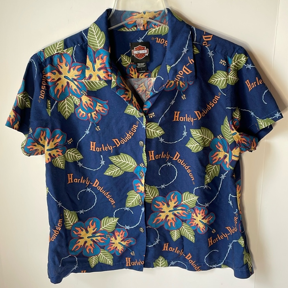 Harley Davidson Women's Large Hawaiian Button Down Shirt   Cutoff Short length